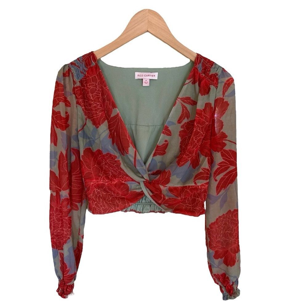 ANTHROPOLOGIE Red Carter Long Sleeve Plunge Neck Floral Print Crop Top Size XS